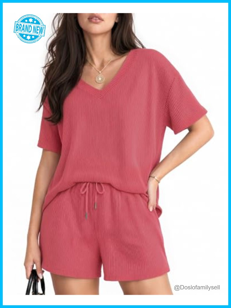 Ribbed Knit 2 Piece Shorts Set V Neck Lounge Outfit Soft Stretch